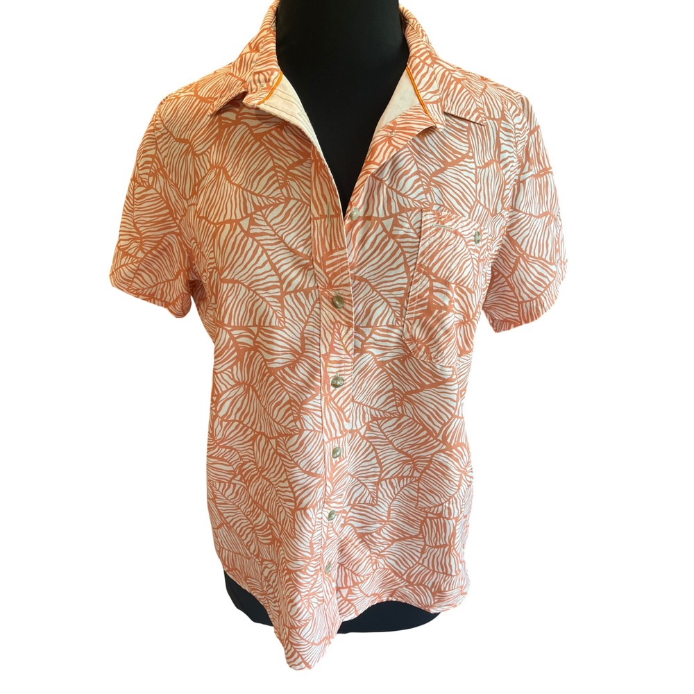 Orvis Womens Large Orange White Tropical Leaf Print Short Sleeve Button Up Shirt
